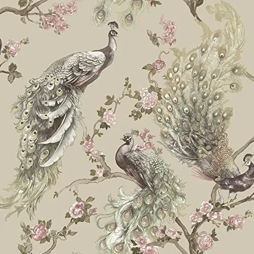 Menali Pfau Glitzer Tapete Holden Texturiert Rosen Blumen Trail Beige 36271