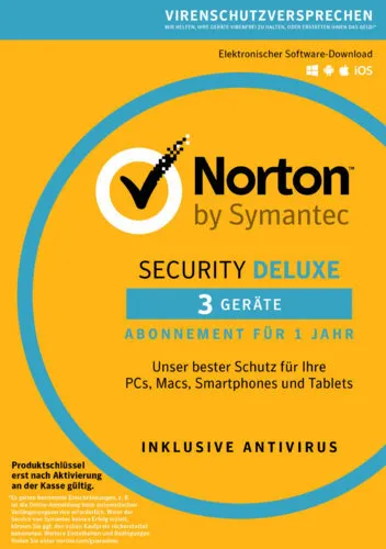 NORTON (Internet) SECURITY Deluxe - 3 Geräte, 1 Jahr, Digitaler Download - Security-Suiten mit umfassendem Schutz für bis zu 3 Geräte, ideal für Android, Mac, Windows und iOS. Schützen Sie Ihre Daten effektiv mit NORTONs fortschrittlicher Technologie.