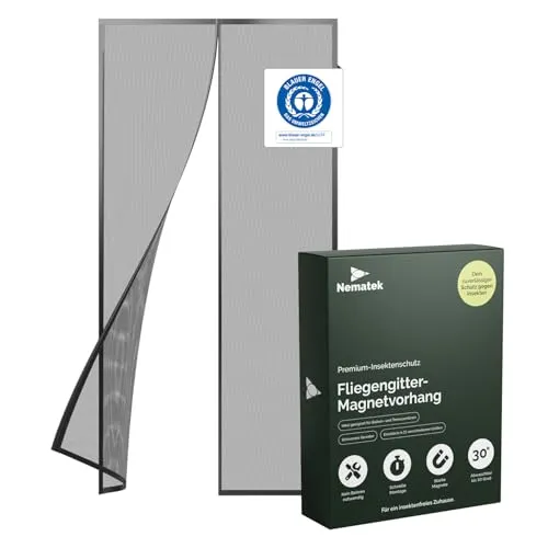 Nematek Fliegengitter NTK-MV01, schwarz, 90x200cm - Fliegengitter für Türen mit selbstklebendem Klettband und 16 starken Magneten für ein automatisches Schließen. Ideal für Balkon- und Terrassentüren, individuell zuschneidbar.