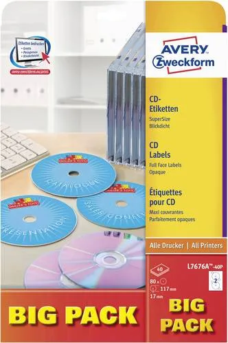 Avery-Zweckform L7676A-40P CD-Etiketten Ø 117mm Papier Weiß 80 St. Permanent haftend Farblaserdrucker, Laserdrucker, Farbkopierer