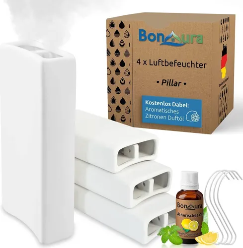 BonAura® Luftbefeuchter Heizung Keramik - 4er Spar-Set mit Duftöl - Luftbefeuchter für Heizkörper, verbessert die Luftqualität und schützt Ihre Gesundheit. Ideal für ein angenehmes Raumklima mit ätherischen Ölen.