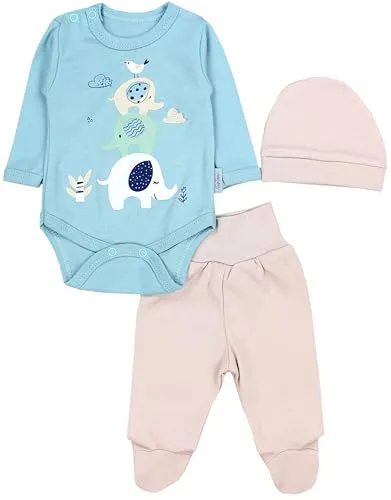 TupTam Baby Mädchen Jungen Bekleidungsset Langarmbody Hose Mütze mit Aufdruck Spruch 3 teilig, Farbe: Drei Elefanten Beige Mintgrün, Größe: 56