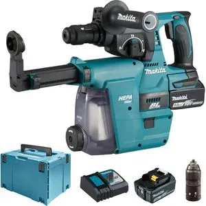 Makita DHR243RTJW - 18V Bohrhammer SDS+ mit 2 Akkus, Staubabsaugung und robustem Werkzeugkoffer, ideal für Bohren und Meißeln