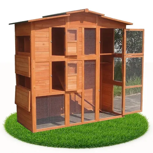 Mucola Kleintierkäfig Hühnerstall Hasenstall - Outdoor Kleintierstall aus Holz, ideal für Hühner und Kaninchen, mit Satteldach, verschließbaren Türklappen und Rampe für einfachen Zugang.