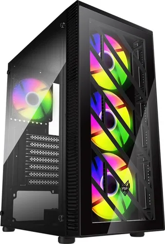 FSP CMT192 Midi Tower Gehäuse - PC Gehäuse in Schwarz, kompatibel mit ATX, micro ATX und Mini-ITX, bietet gehärtetes Glas und RGB-Beleuchtung für einen stylischen Look.