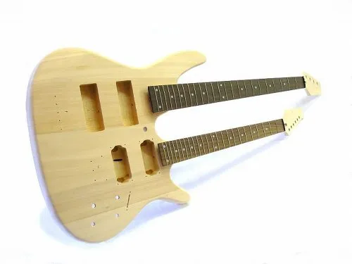 Bausatz Doppelhals DIY Kit Double Neck "ML-Factory" Gitarre + Bass - E-Gitarren-Sets, unlackiert mit hochwertigem Linde-Korpus und Ahorn-Hälse, perfekt für kreative Musiker, die ihren eigenen Stil gestalten möchten.