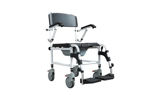 MASTER-TIM 3-in-1 Toiletten- und Duschrollstuhl - Rollstuhl mit 4 Rädern, leichtes Aluminium-Design und vielseitig einsetzbar als Toiletten- und Duschstuhl, ideal für mehr Mobilität und Sicherheit im Bad.