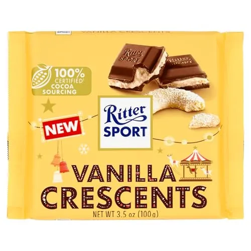 Ritter Sport Vanille Kipferl - Vollmilch Schokolade - 100g - Schokoladenbonbons & Pralinen, köstliche Vanille Kipferl in zarter Vollmilchschokolade, perfekt für die Weihnachtszeit!