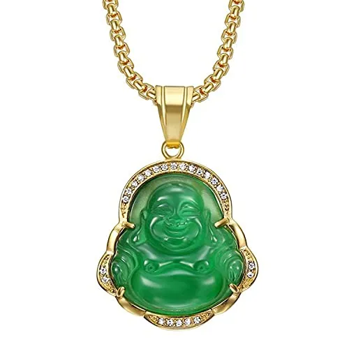 Gilieyer Halskette der lachende Buddha, Anhänger Buddha, grün, Jade, Kubikzirkon, Anhänger, Buddha, lachend, Halskette, Amulett, Schmuck, Geschenk für Männer und Frauen, Stein