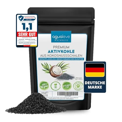 AGUALEVE® Premium Aktivkohle Granulat 200g aus Kokosnussschalen - Zubehör für Aquarienfilter, 100% natürlich und hochwirksam gegen Schadstoffe und Gerüche, ideal für Pflanzen, Katzenklo und Aquarien.