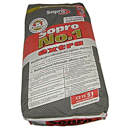 SOPRO No.1 S1 Flexkleber 22,5kg - Flexibler Fliesenkleber für alle Untergründe, schnelltrocknend und ideal für Innen- und Außenanwendungen. Perfekt für präzise Verlegung von Fliesen und Natursteinen.