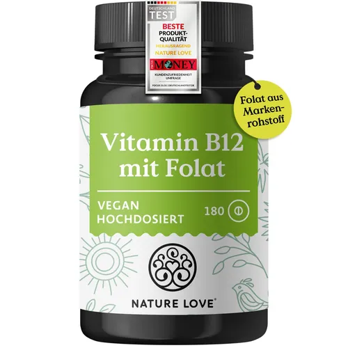 Vitamin B12 mit Folat 180 Tabletten - Nature Love - Nahrungsergänzungsmittel mit 180 Tabletten, unterstützt die normale Funktion des Nervensystems und ist rezeptfrei erhältlich.