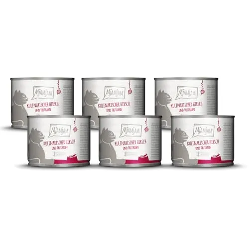 MjAMjAM - Premium Nassfutter für Katzen - kulinarischer Hirsch und Truthahn an frischen Cranberries, 6er Pack (6 x 200 g), getreidefrei mit extra viel Fleisch