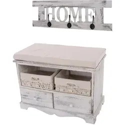 Hhg - Garderobe Mit Sitzbank und 2 Körben, Shabby-Look, Vintage Weiß - Funktionale Garderobe mit Sitzbank im Shabby-Look. Bietet Stauraum mit 2 Körben und 4 Schubladen. Ideal für Eingangsbereich oder Kinderzimmer, kombiniert Stil und praktische Anwendung.