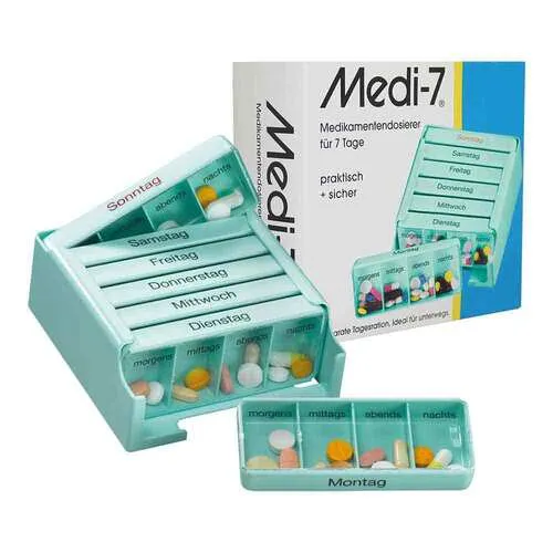 Medi 7 türkis - Tablettensortierer - Arzneimittel zur einfachen Dosierung von Tabletten, mit 7 Fächern für jeden Tag und Unterteilung in vier Tageszeiten für mehr Übersichtlichkeit.