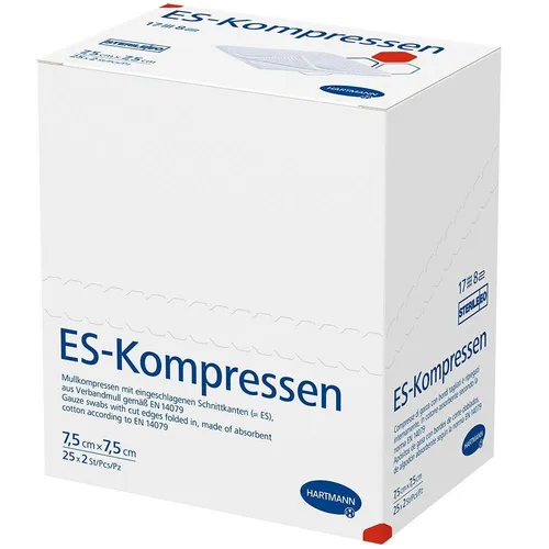 HARTMANN ES Kompresse 7,5 x 7,5 cm - Steril und Vielseitig - Die HARTMANN Wundkompresse 7,5 x 7,5 cm ist steril und bietet optimale Hautverträglichkeit. Vielseitig einsetzbar und mit guter Saugfähigkeit, ideal für die Wundversorgung.
