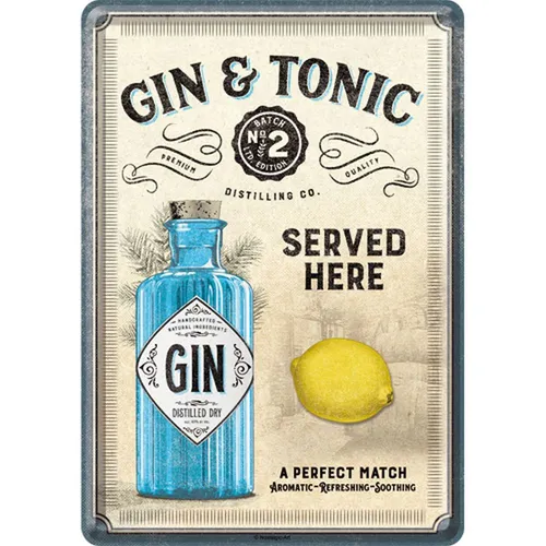 Nostalgic-Art Retro Blechpostkarte - 10 x 14 cm, Gin Tonic Served Here, hochwertiger Druck und perfektes Geschenk für Gin-Liebhaber