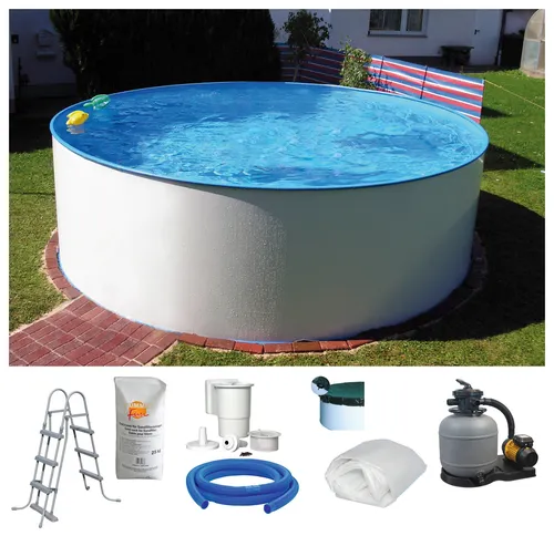 Clear Pool Rundpool MAUI I - 7-tlg. Set mit umfangreichem Zubehör - Swimmingpool mit Stahlwand und 8000 l Füllmenge, inkl. Sandfilteranlage und Sicherheitsleiter für sicheres Badevergnügen.