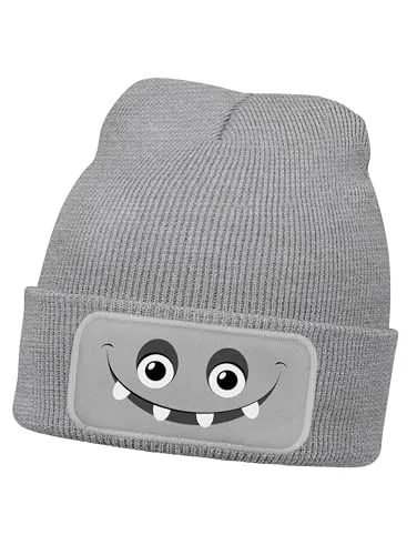 MoonWorks® Wintermütze Kinder Beanie Jungen Monster Patch Aufdruck Print Strickmütze Kindermütze Grau Unisize
