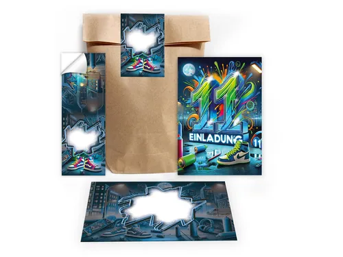 LIMONIA Einladungskarten Graffiti zum 11. Geburtstag Einladung Karten mit Umschlägen Mitgebsel, Mitgebsel Set mit Graffiti Motiv für Kinder zum elften Geburtstag