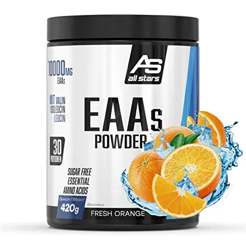 All Stars EAA Powder Fresh Orange - Hochdosierte Aminosäuren - Verzweigtkettige Aminosäuren (BCAA) mit 10.000mg EAAs pro Portion, zuckerfrei und ideal für jede Diät. Perfekt für Fitness-Enthusiasten, die auf Qualität setzen.
