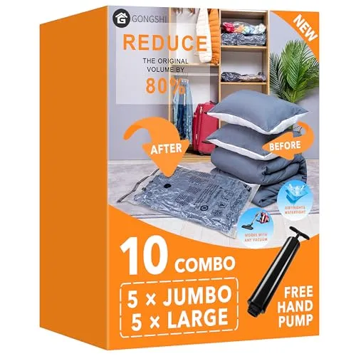 Vakuumbeutel für Kleidung, Bettdecken, Kissen & Matratzen | Platzsparende Aufbewahrungsbeutel, Luftdicht & Wiederverwendbar | Ideal für Reise, Lagerung und Haushalt,5 Jumbo 5 Large