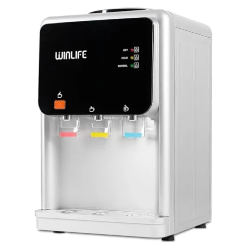 WINLIFE® Mini Wasserspender Silber mit Kindersicherung - Flexibler Mini Wasserspender für heiße und kalte Getränke, ideal für Büros und Veranstaltungen. Mit modernem Design und praktischem Unterschrank für Aufbewahrung. Einfache Inbetriebnahme mit nur einer Steckdose.