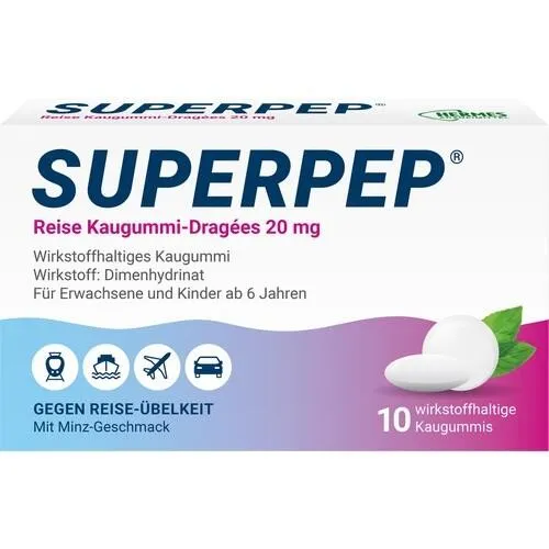Superpep Reise Kaugummi-Dragées 20 mg - Effektive Übelkeitslinderung - Arzneimittel gegen Übelkeit und Erbrechen, ideal für Reisen. Enthält 20 mg Dimenhydrinat für schnelle Hilfe bei Reisebeschwerden.