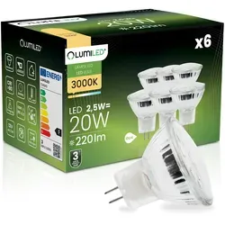 6x Led-lampe Gu4 Strahler Mr11 2,5 W = 20 W 220 Lm 3000 K Warmweiß 120° 12 V Lumiled