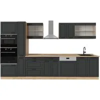 Vicco Küchenzeile R-Line - 350 cm in Anthrazit Landhaus und Goldkraft Eiche - Küchenzeilen mit höhenverstellbaren Füßen für optimale Anpassung und Stauraum. Ideal für Ihre Traumküche, um Freunde und Familie zu beeindrucken.