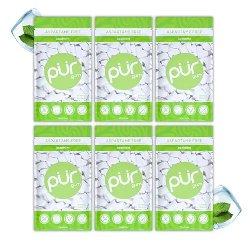 PUR Gum | Zuckerfreier Kaugummi | Mit Xylit | Vegan, Aspartamfrei & Glutenfrei | Natürlicher Kaugummi Mit Coolmint-Geschmack, 55 Stück (6er Pack)