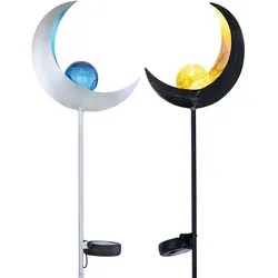 Gartendeko Solarlampe 2er Set - Mond Design - Stimmungsvolle Solarleuchten für Garten und Terrasse, spritzwassergeschützt (IP44) mit integriertem LED. Leuchtdauer bis zu 8 Stunden, ein echter Blickfang in silber-blau und bronze-gelb.