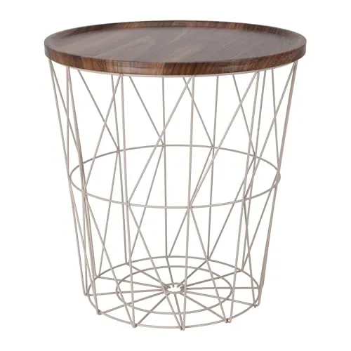 Spetebo Gitterkorb Beistelltisch aus Metall 39 cm - Creme - Beistelltisch fürs Wohnzimmer mit Holz-Optik Tischplatte und praktischem Aufbewahrungskorb - ideal für Ordnung und Dekoration.