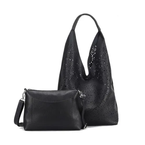 Damen Tasche XXL Set 2in1 Shopper Hobo Bag Schwarz - Vielseitiges 2in1 Set aus Hobo Bag und Schultertasche in stilvollem Schwarz. Ideal für Alltag und Reisen, bietet Platz für Tablet und mehr. Elegante Verarbeitung für einen modernen Look!