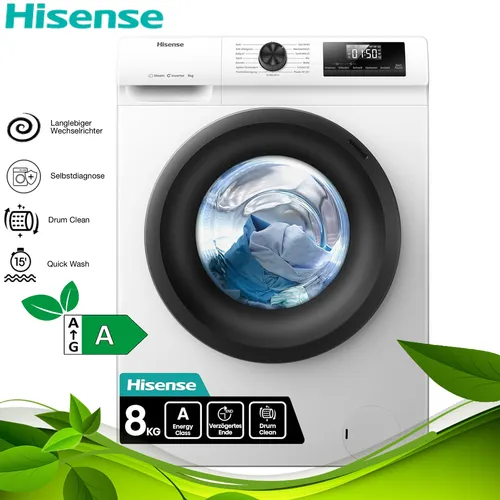 Hisense WF1Q8041BW Waschmaschine 8kg - Energieeffiziente Frontlader-Waschmaschine mit 8 kg Füllmenge, ideal für Familien, leise im Betrieb und stylisch in Weiß.