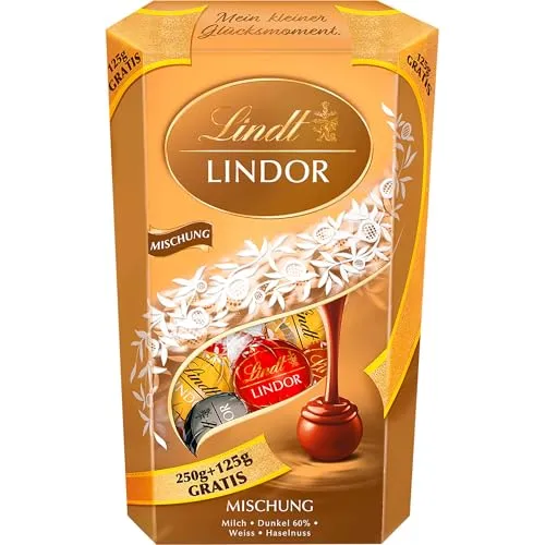 Lindt Schokolade | LINDOR Cornet Mischung | 375g | Schokoladen-Kugeln aus Vollmilch, Weiß, Dark und Haselnuss mit zartschmelzender Füllung | Pralinen-Geschenk | Schokoladen-Geschenk