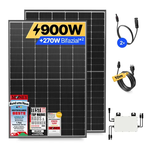 Solakon Balkonkraftwerk 900 W - Effiziente Mini-PV Anlage für Balkon & Terrasse - Balkonkraftwerke: 900 W Nennleistung, 21.3% Modulwirkungsgrad mit monokristallinen Zellen für maximale Energieausbeute auf kleinstem Raum.