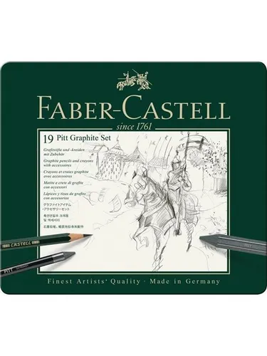 Faber Castell Set Pitt Graphite tin of 19 - Vielseitiges Set mit Bleistiften, Farbstiften, Mischstiften und Pinsel für kreative Künstler, ideal für Zeichnungen und Skizzen.