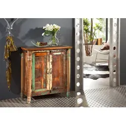 MASSIVMOEBEL24.DE Kommode Fable aus Altholz - Kommode aus vollmassivem indischen Altholz, mehrfarbig lackiert im Vintage-Stil. Stabil und langlebig – ein echter Hingucker für Ihr Zuhause!