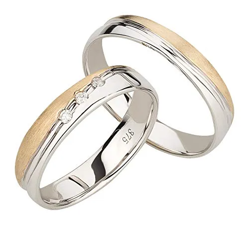 Ardeo Aurum Trauringe Damenring und Herrenring aus 375 Gold bicolor Gelbgold Weißgold mit 0,06 ct Diamant Brillant Eheringe Paarpreis
