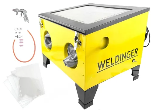 WELDINGER Sandstrahlkabine SK 200 mit Absauggebläse - Effiziente Sandstrahlkabine für vielseitige Anwendungen, ausgestattet mit organischem Glas und versiegelten Gummihandschuhen. Ideal für präzises Arbeiten mit Glasperlen und Quarzsand.