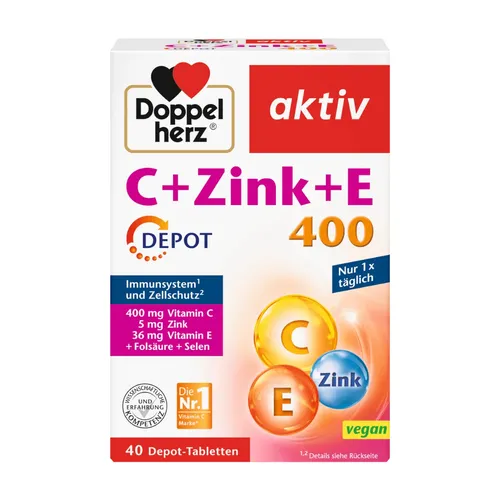 DOPPELHERZ C+Zink+E Depot Tabletten 40 St - Nahrungsergänzungsmittel mit Zink, Vitamin C und E zur Unterstützung des Immunsystems, ideal für eine gesunde Lebensweise.