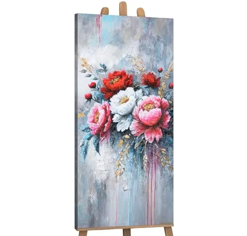 YS-Art Gemalte Blumen auf Leinwand Schöne acrylbilder Bunte Bilder handgemalt Wandbild Acrylmalerei modern Wohndekor Bilder Büro echte Kunst 115x50 cm