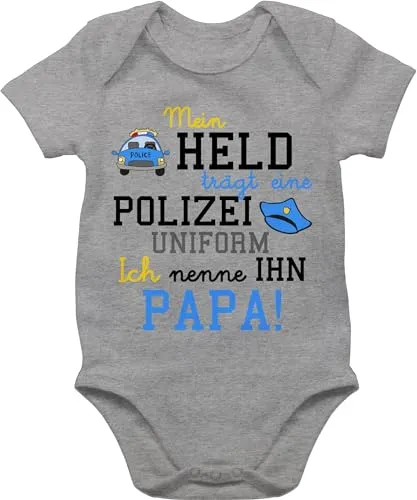 Shirtracer Baby Body Junge Mädchen - Sprüche - Mein Held trägt eine Polizeiuniform - Polizist Geschenk zur Geburt - 1/3 Monate - Grau meliert - strampler babymode witzig spruch dad bodys papa ist