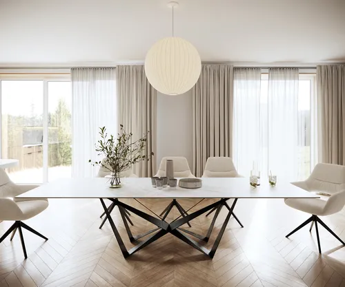 DELIFE Esstisch Edge 300x100cm Keramik Laminam®Statuarietto Weiß Mittelfuß Flachstahl Schwarz