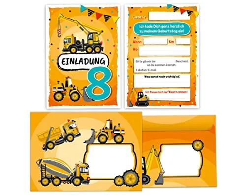 Einladungskarten incl. 12 Umschläge zum 8. Kindergeburtstag achte Geburtstag Jungen Baustelle Geburtstagseinladungen 12