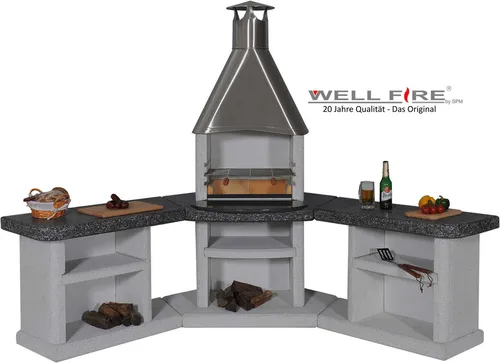 Wellfire Grill-Außenküche ARDEA Granit-Weiß Edelstahlhaube 192 x 188 x 73 cm 90° - Grillkamin mit eleganter Granit-Weiß Oberfläche und robuster Edelstahlhaube, perfekt für gesellige Grillabende im Freien.