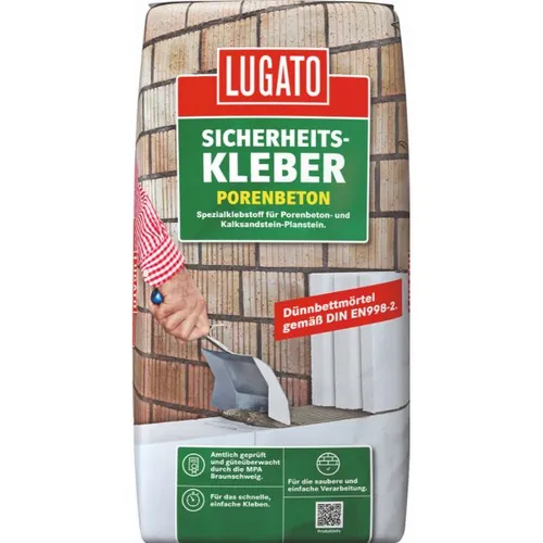 Lugato Sicherheitskleber Porenbeton 5kg – Schnelles Kleben - Effizienter Dünnbettmörtel für das präzise Kleben von Plansteinen aus Porenbeton und Kalksandstein. Erleichtert die Arbeit, spart Zeit und sorgt für stabile Ergebnisse.