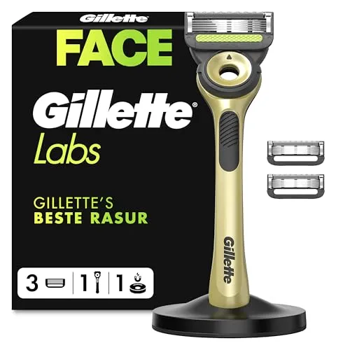 Gillette Labs Rasierer Herren mit Reinigungselement, Nassrasierer Männer Champion Gold Edition — Inkl. 1 Handstück, 3 Ersatzklingen mit Wandhalterung für Einfache Lagerung — Edelstahl