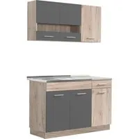 Homestyle4u Küchenzeile 120 cm - Kompakte Singleküche in Grau - Küchenzeilen für kleine Räume, moderne und pflegeleichte Einrichtung mit viel Stauraum durch variable Schränke und individuelle Höhenanpassung der Hängeschränke.